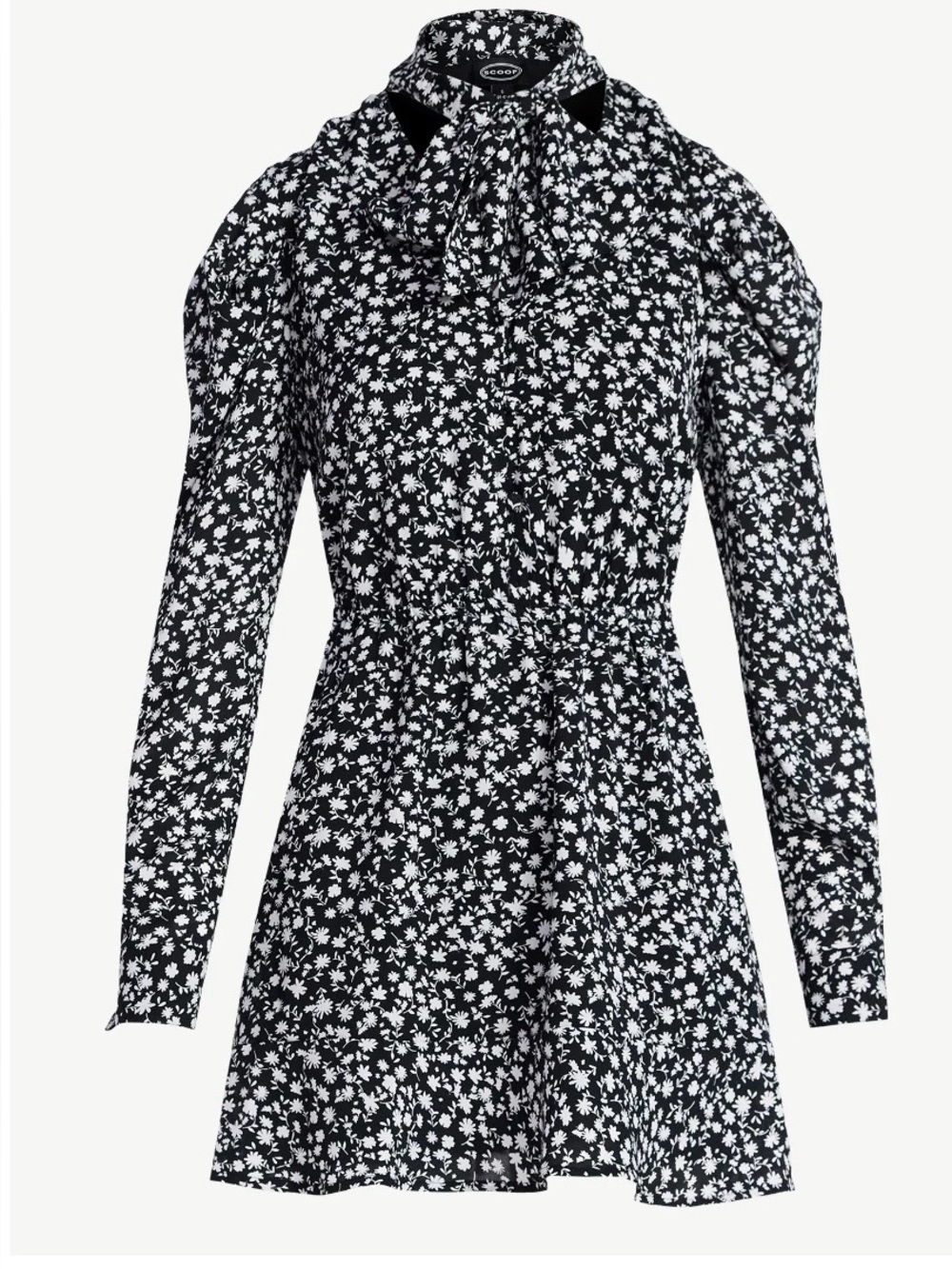 Scoop Black & White Floral Tie-Neck Long Sleeve Mini Dress